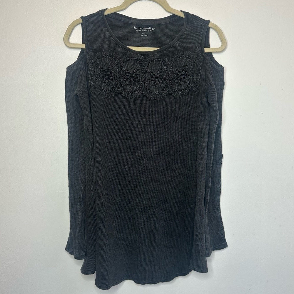 Soft Surroundings Shirt Womens Small S Gray Waffle Knit Textured Eyelet Boho